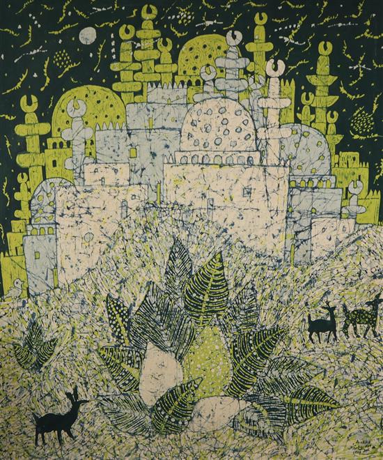 A-Shiha, batik painting, Domed roof city, signed, 106 x 87cm.